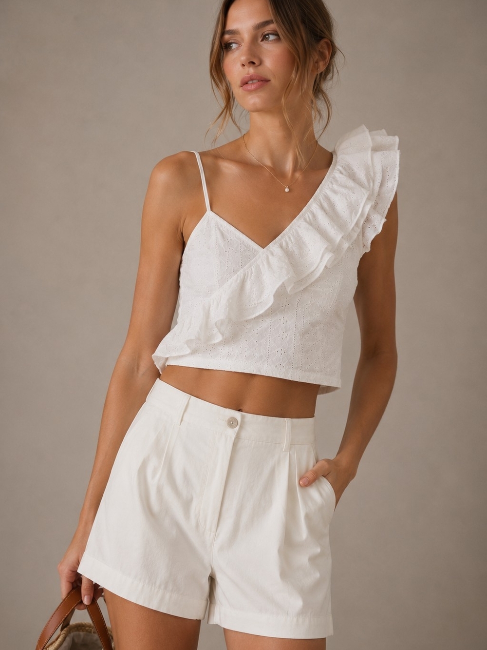 White Eyelet One Shoulder Ruffle Crop Top Coquette Soft Girl Summer Romantic